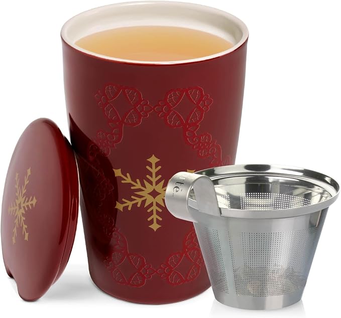Tea Forte Double-Walled Ceramic Kati Cup, Warming Joy, 12 oz | Insulated Ceramic - Stainless Steel Loose Leaf Infuser - Keeps Tea Hot Longer - Lid Included - Great Teacher Gifts