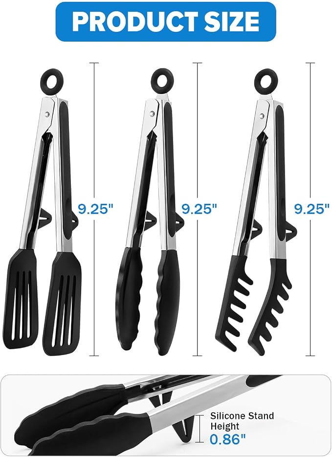 Kitchen Tongs for Cooking, Non Scratch Silicone Tip for Nonstick Cooking Pans, Food Grade Mini Serving Tongs, Pull Lock, Set of 3 (Black, 9 inch)