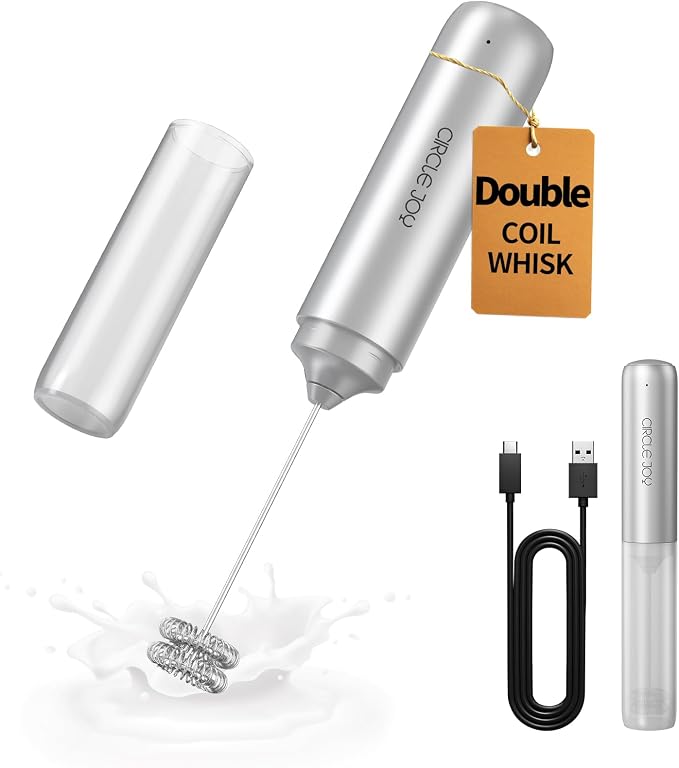 CIRCLE JOY Rechargeable Milk Frother Hanheld, Dual Coil Whisk Head Electric Coffee Frother, Portable Hand Frother Wand Drink Mixer for Matcha Lattes Cappuccino, Kitchen Gifts, Silver