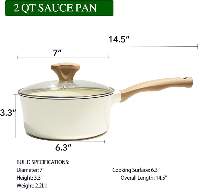 Nonstick Ceramic Saucepan with Lid 2QT. | German Greblon Ceramic Nonstick Coating, Non Toxic Sauce Pot, PTFE, PFOA & PFAS Free, Induction Compatible.