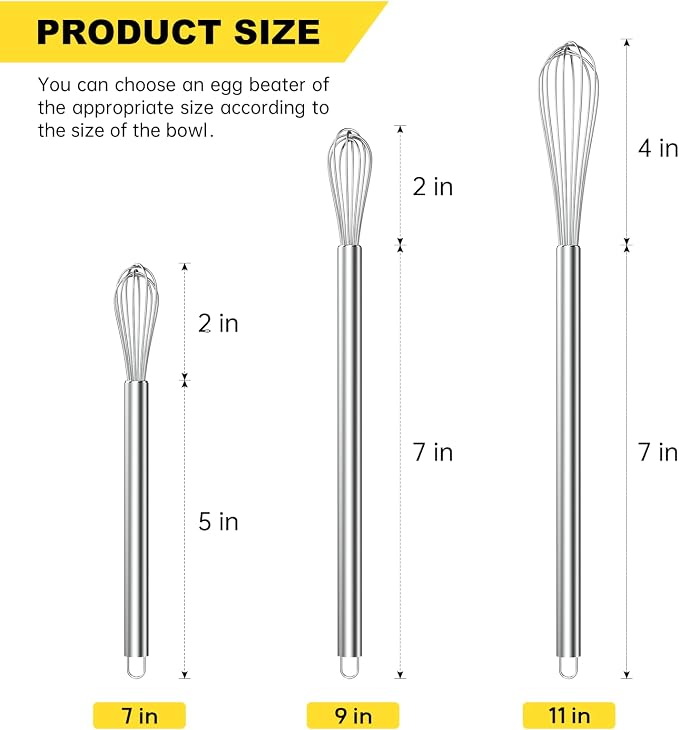 NileHome Mini Whisks Stainless Steel Whisk Set 7" 9" 11"Kitchen Small Wisk Balloon Wire Tiny Whisks for Cooking, Whisking, Blending, Beating, Stirring 3 Pack
