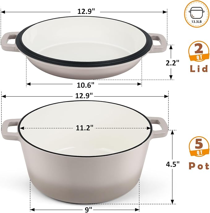 TeamFar 5qt Dutch Oven, Pre-seasoned Cast Iron for Bread Baking, Khaki | 2-in-1 Bread Pan with Skillet Lid, Oven & Stovetop Safe for Baking Frying Stewing Grilling, Home Use Or Outdoor Camping