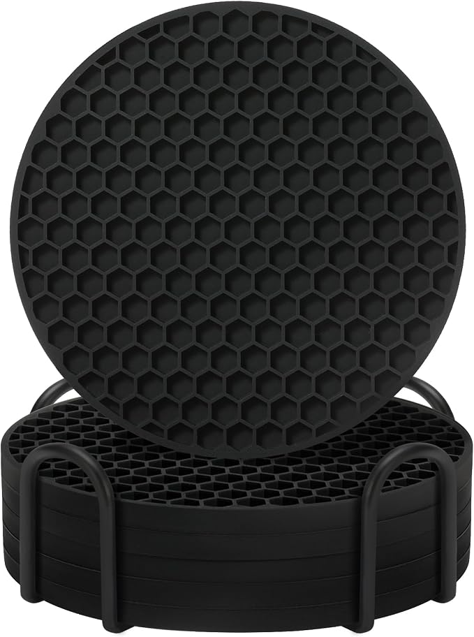 TWTLi Silicone Coasters Set of 6 with Holder — Non-Slip Drink Coasters for Coffee Table, Home Bar & Kitchen, Protects Wood & Marble Surfaces from Water Rings, Dishwasher Safe (Black)