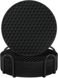 TWTLi Silicone Coasters Set of 6 with Holder — Non-Slip Drink Coasters for Coffee Table, Home Bar & Kitchen, Protects Wood & Marble Surfaces from Water Rings, Dishwasher Safe (Black)
