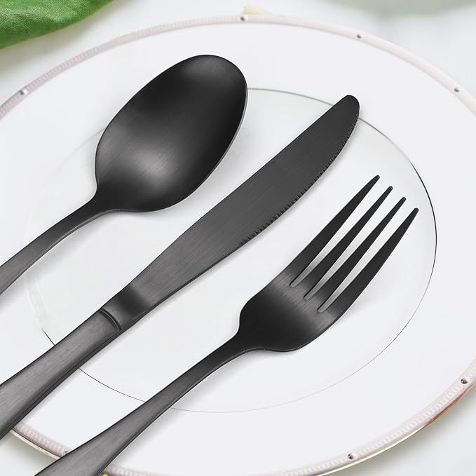 Black Matte Flatware With Square Handle Stainless Steel Cutlery Set for 6 Modern Silverware 30 pieces Knives Forks and Spoons for Home Kitchen Utensils