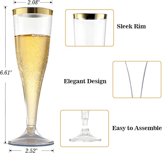 Bestluck 100 Pack 4.5 oz Champagne Flutes Plastic with Gold Rim | Disposable Champagne Flutes, Clear Plastic Disposable Stemware for Party, Mimosa Bar, Wedding, Anniversary and Graduation