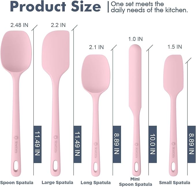 ChefAide 5 Pieces Silicone Spatula Set, Food Grade Rubber Spatula, Upgrade Strong Handle with Ergonomic Grip, Heat Resistant Up to 600°F for Nonstick Cookware, Cooking