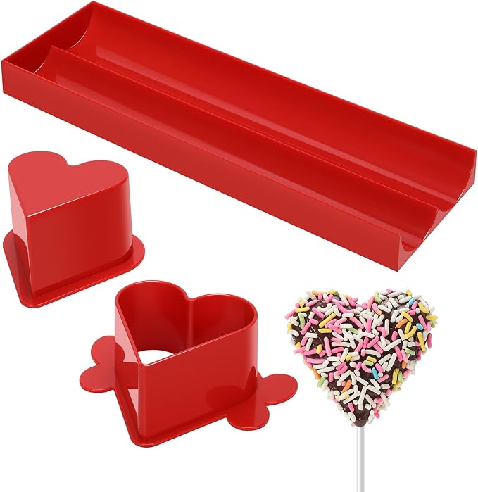 Heart Cake Pop Mold Set with 9in Tray and Sticks- Red | ABS Cake Pop Maker with Cutter and Pusher, perfect for making uniform cake pops for parties, weddings, and homemade desserts.