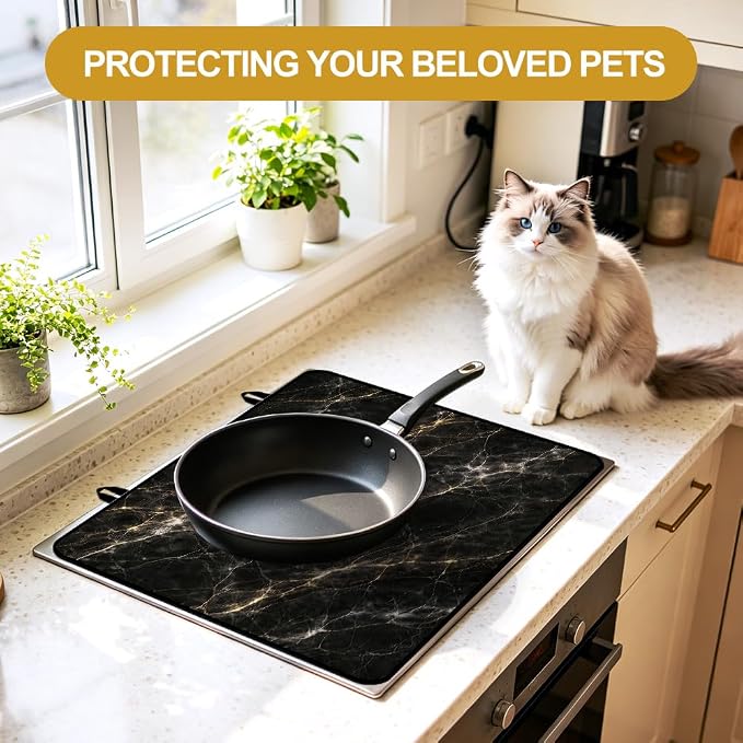 Black Gold Marble Stove Top Cover for Electric Gas Glass Top Stove | Black and gold marble kitchen decor; non-slip stovetop cover, glass cooktop cover, faux marble counter mat for glam kitchen