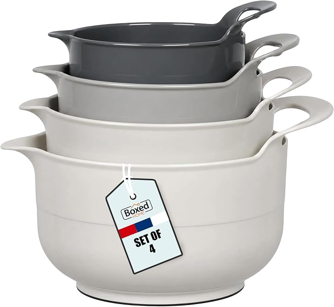 BoxedHome 4 Pack Nesting Mixing Bowl with Pour Spout and Handle, BPA free Microwave & Dishwasher Safe(Grey, 4 Pack with Handle)