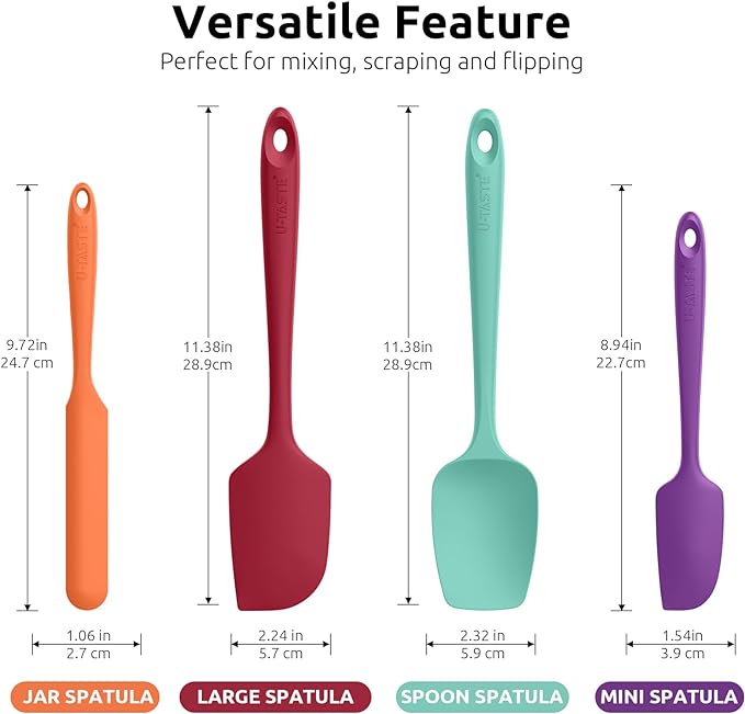U-Taste Silicone Spatula Set 600°F High Heat Resistant, 4-Pcs, Multicolor | Food Grade Hot-Proof Seamless Rubber Scraper, Kitchen Flexible Silicon Cooking Utensil Set, Diswasher Safe Baking Supplies