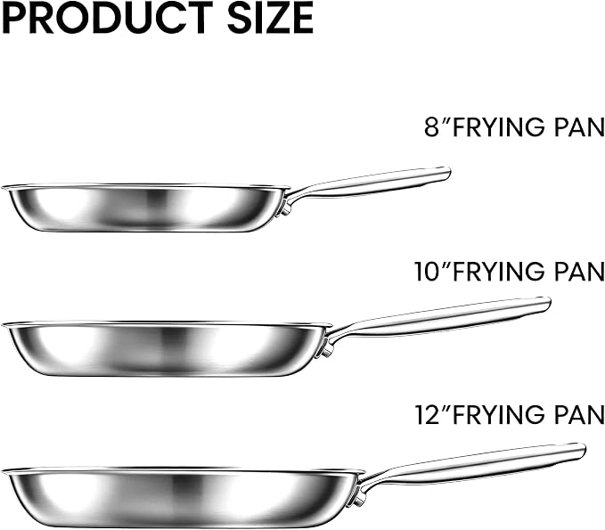 COOKER KING Stainless Steel Frying Pan Set (8+10+12 Inch), Cooking Pan Set | Induction Skillets Set, Non-Toxic, Fast & Even Heating, Oven & Dishwasher Safe, Metal Utensil Safe, Stay-Cool Handles