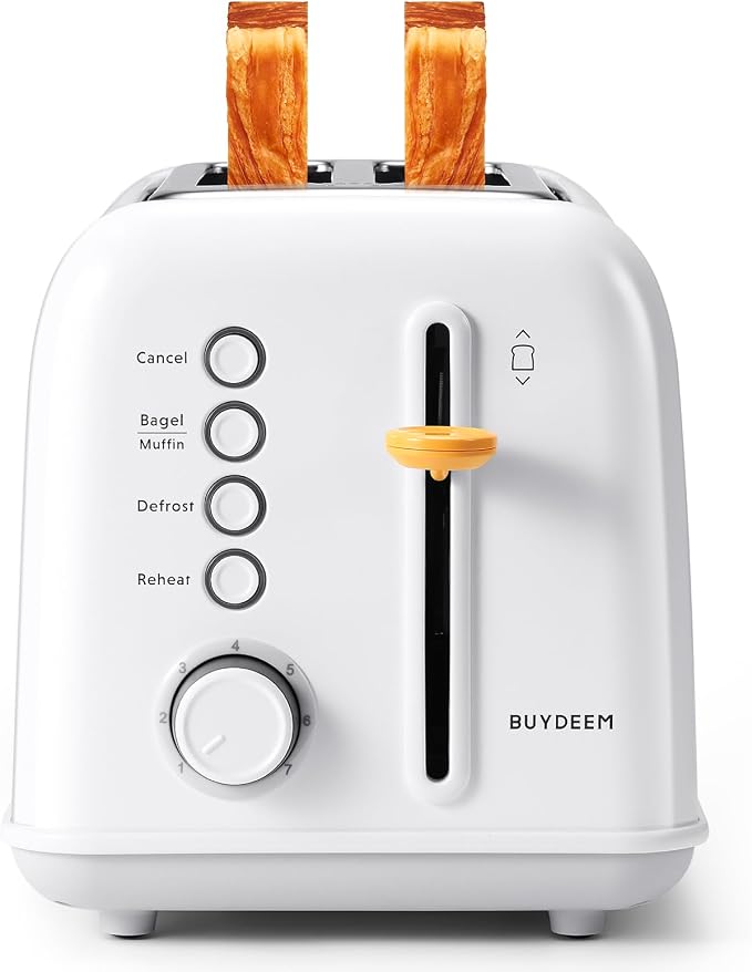 BUYDEEM DT620 2-Slice Toaster, 7 Shade Settings, Extra Wide 1.5'' Slots for Bagel & English Muffin, 6 Toasting Functions, Retro Stainless Steel Toaster with High Lift Lever, Arctic White