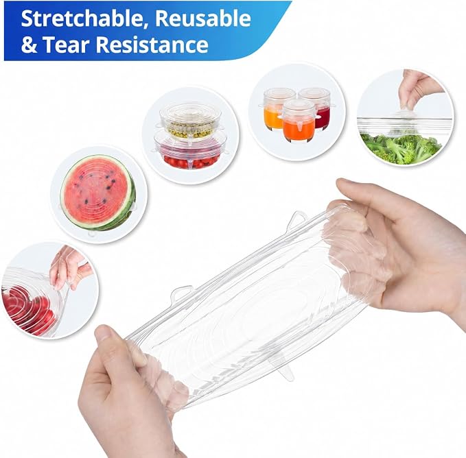Silicone Stretch Lids, 6PCS Reusable Zero Waste Container Covers | For Food Leftovers, Fruit Bowls, Jars, Cups, Jars, Dishes (White, 6 PCS)