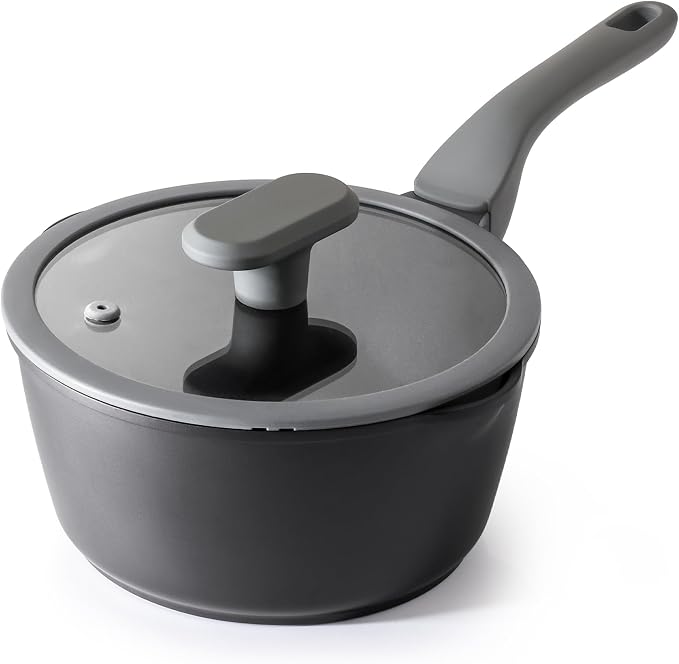 PRICUSIS Nonstick Saucepan with Lid, 2 Quart Non Toxic Pot with Pour Spouts, Full Coated, 100% Dishwasher Safe, Induction Compatible, PFOS & PFOA Free, Black Sesame