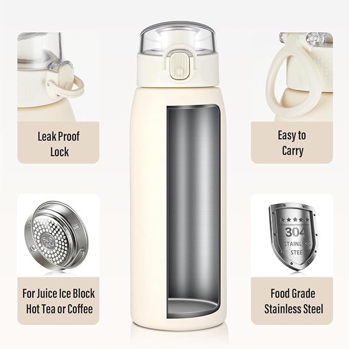Insulated Water Bottle 18 oz with Dustproof Lid, Carry Handle & Tea Infuser, BPA-Free & Leakproof, Stainless Steel Water Bottles Ideal for Fitness, Hiking, Office & Outdoor Use （Beige ）