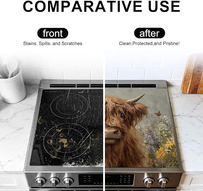 Highland Cow Glass Stove Top Cover 28x20 Inch Decorative Stove Cover | Heat Resistant Cooktop Protector Mat with Non-Slip Backing, Scratch Protection and Countertop Drying Mat.