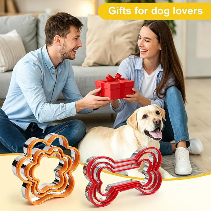 6 pcs Dog Bone Cookie Cutters Set - Treats Molds, Paw Print Shapes | Stainless Steel+PVC