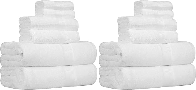 Amazon Basics 6-Piece Oversized Highly Absorbent Fade-Resistant Towel Set, 100% Cotton Towels for Bathroom, Soft, 2 Bath Towels, 2 Hand Towels, 2 Washcloths, White (Pack of 2)