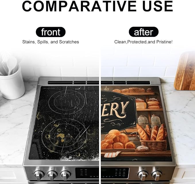 Rustic Bakery Stove Top Cover for Electric Stove, 28x20 In Mat | Heat-resistant non-slip mat holds hot cookware; glass cooktop protector, dish drying; farmhouse bread kitchen decor