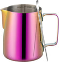 Amrules Milk Frothing Pitcher 12oz Frother Cup Barista Tools, Multipurple | 18/8 Stainless Steel, 12oz Capacity with Clear Scale, with Decorating Pen, Ergonomic Handle, for Cappuccino, Latte & Espresso