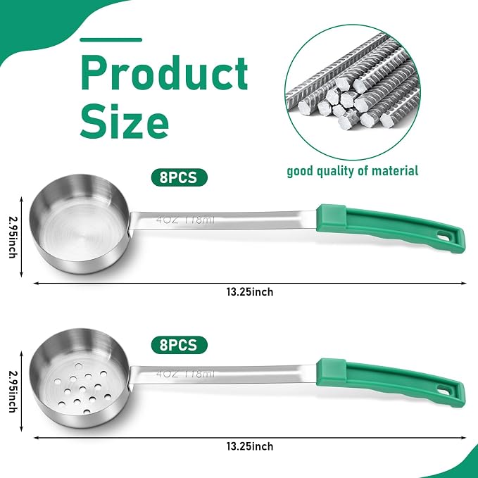 Teenyyou 16 Pcs Portion Control Serving Spoons, Restaurant Measuring Serving Ladle Utensils, Portion Control Slotted Scoops for Weight Loss, Solid and Perforated Scoops(Green,4 oz)