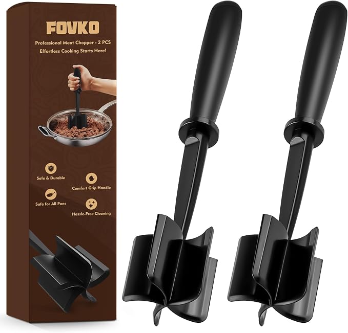 2-Pack Ground Beef Masher, Heat-Resistant Meat Masher with 5 Curved Blades | Non-Scratch Meat Tool for Hamburger & Potatoes (Black)