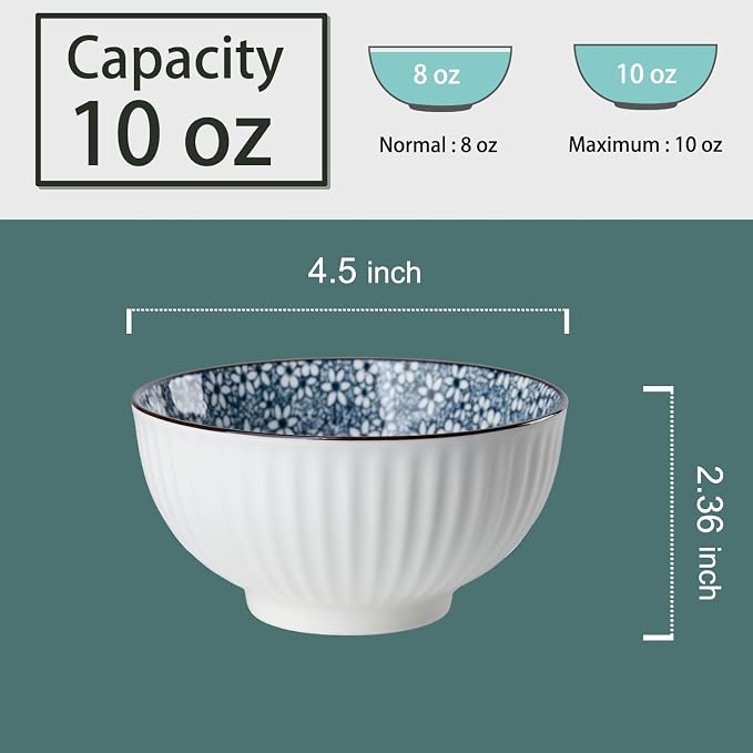 10 oz Small Ceramic Bowls Set of 6, 4.5 Inch Japanese Blue and White Bowls for Ice Cream, Rice, Dessert, Snack, Dipping, Microwave and Dishwasher Safe - Floral Pattern