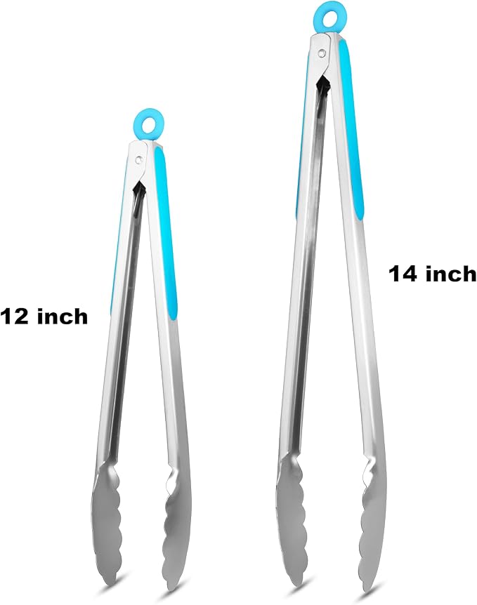 304 Stainless Steel Kitchen Cooking Tongs, 12 & 14 Inch, Set of 2, Blue | Locking Food Tongs with Non-slip Grips and Hanging Loops for Cooking, Grilling, BBQ and Serving, Dishwasher Safe