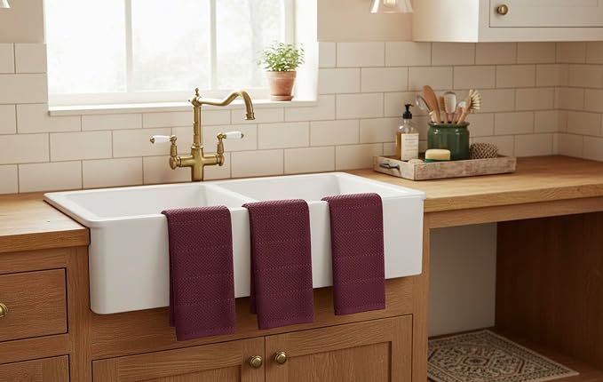 Burgundy Red Wine Kitchen Dish Towels, Set of 3, 100% Cotton, 18" x 28" | Terry Loop Textured, Soft & Absorbent Cleaning Cloth, Quick Dry, Multipurpose for Everyday Use