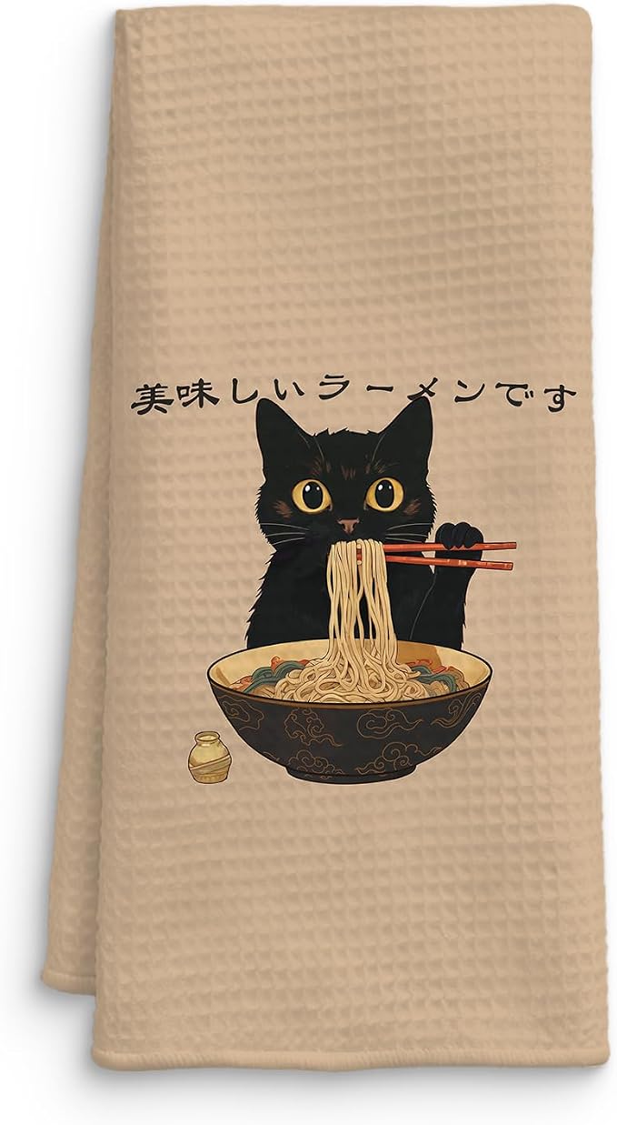 Funny Black Cat Kitchen Towel, Sushi Cat Lover Gifts Dish Towel, Japanese Ramen Noodles Sushi Black Kitty Decorative Hand Towel 16x24 Inch(A)