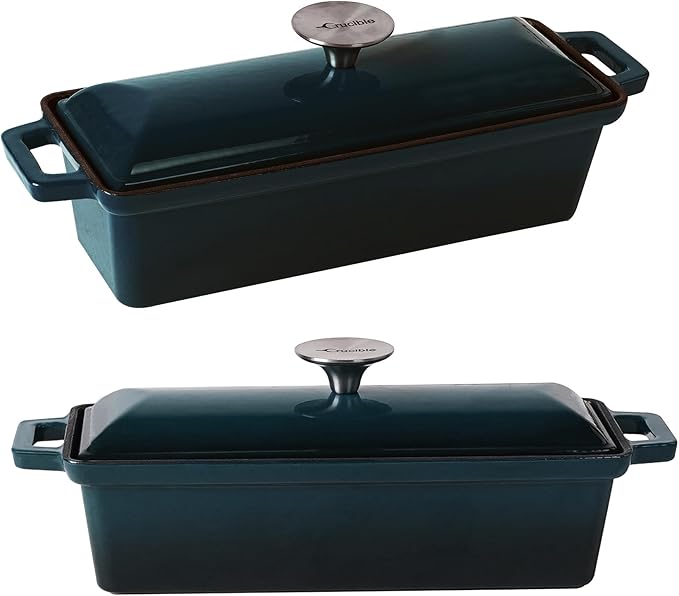 Crucible Cookware Enameled Cast Iron Bread Pan with Lid - Dark Teal Blue - Oven Safe Form for Baking and Cooking - Loaf Pan