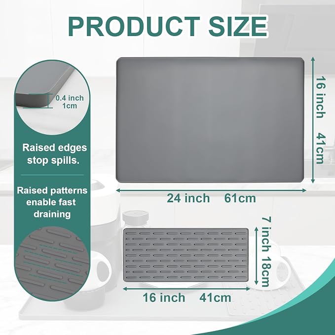 Silicone Coffee Mat 24 x 16 in Combination, Classic Gray | Coffee bar mat for countertop use, coffee station mat or coffee machine mat with removable tray