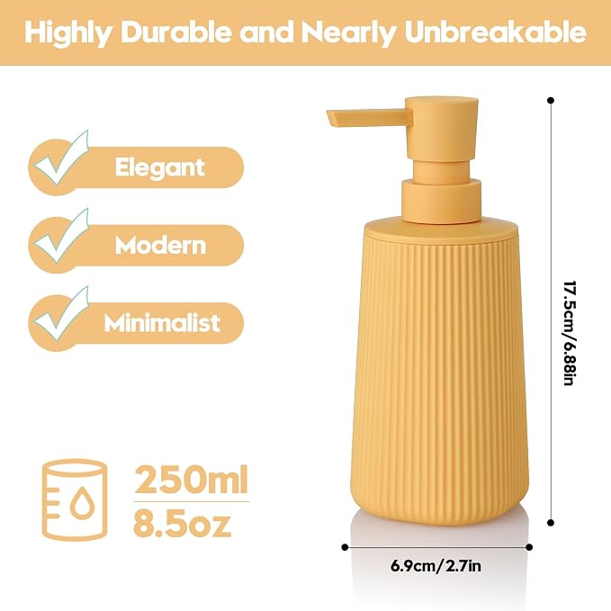 YAUKPH Small Soap Dispenser for Bathroom and Kitchen Matte Yellow | Modern Farmhouse Striped Style Plastic Hand Soap Dish Soap Dispenser with Pump