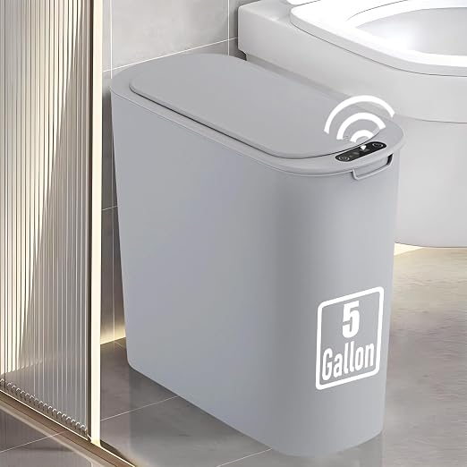 TIPGO 5 Gallon Automatic Bathroom Trash Can with Lid, Gray, Touchless | Motion Sensor, Slim Smart Garbage Bin, Plastic Wastebasket, Battery Operated, Manual Button, for Bedroom, Office,RV