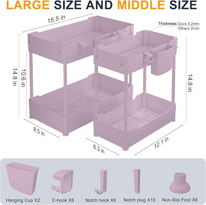 2-Pack Under Sink Organizer with Hooks & Hanging Cup for Kitchen | Multi-use kitchen & bathroom storage, 14.8 inch pink cabinet organizer, with hooks and hanging cup for easy access.