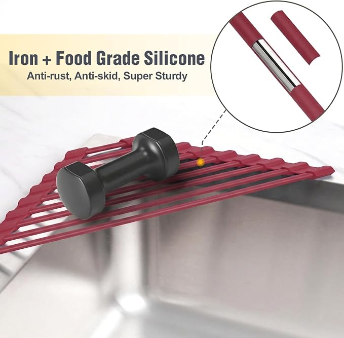 Tomorotec Roll Up Dish Drying Rack with Silicone Coating, Wine Red | 304 Stainless Steel with BPA-Free Silicone, Triangle Design Maximizes Sink Corner Space, Fits Compact Kitchens And RVs