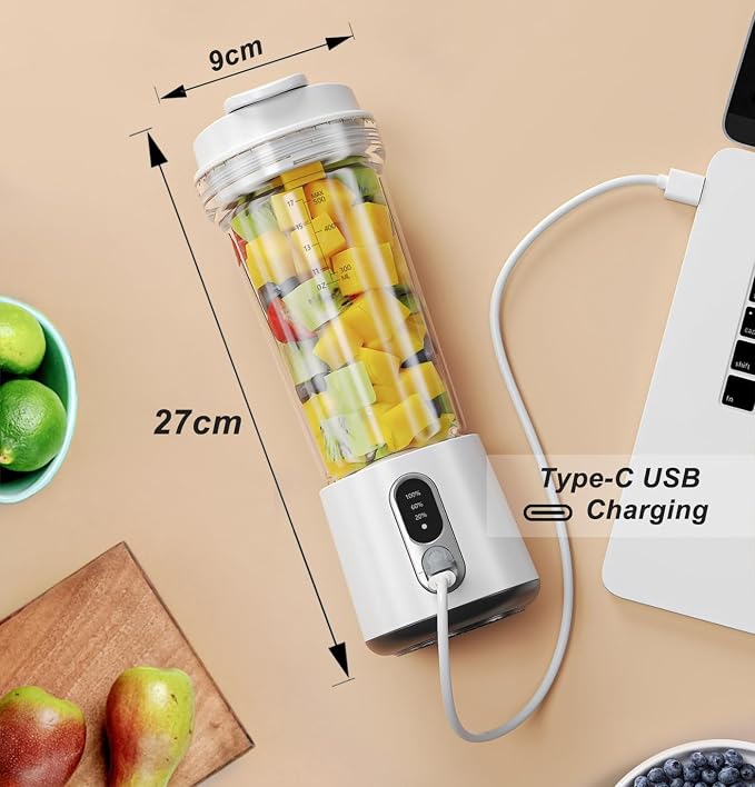 Portable Blender 17 oz (500ml) for Shakes & Smoothies, USB-C Rechargeable 4000mAh, 6 Stainless Steel Blades, Cordless Personal Travel Blender for Gym, Kitchen, Outdoor