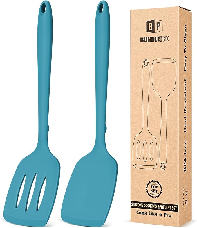 Pack of 2 Silicone Spatula Turners, Non Stick Slotted Kitchen Spatula Set, Heat Resistant BPA Free Kitchen Utensils, One-Piece Design, Suitable for Flipping Fish, Eggs, Steak, Pancakes(BLUE)