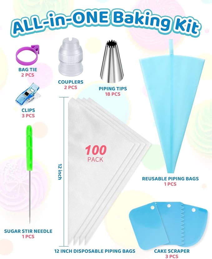 Piping Bags and Tips Set, Cakes Decorating Kit Supplies | 100 Pcs 12 Inch Piping Bags, 1 Reusable Pastry Bags, 18 Tips, 2 Couplers, 2 Bags Ties 3 Clips 1 Scriber Needle 3 Cake Scraper