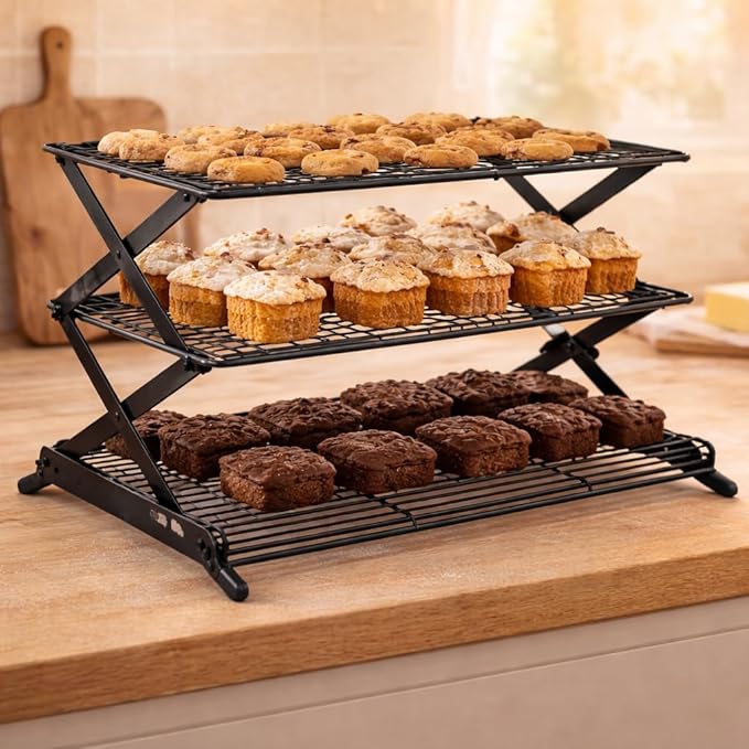 3-Tier Collapsible Cooling Rack, Adjustable Wire Baking Rack, Black | 3 adjustable heights, stable X-leg frame, folds flat, open-wire airflow, 17.1 x 9.8 in, for cookies, cakes and pastries