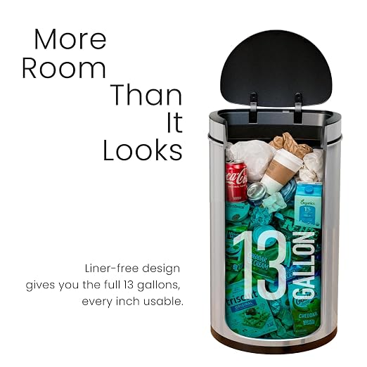 Home Zone Living 13 Gallon Motion Sensor Trash Can with Automatic Lid | Stainless Steel with Touch Control Lid, Hands-Free Operation for Kitchens, Flat Back Semi-Round Shape, Silver