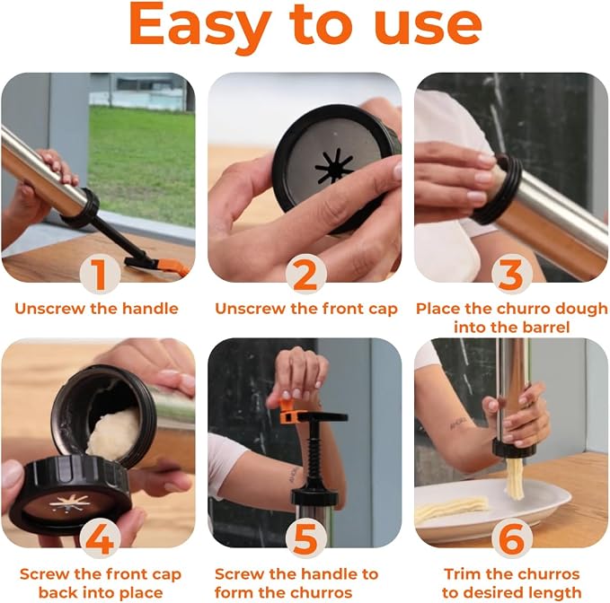 Churro Maker Kit Stainless Steel, Piping Bag, XL Filling Needle | Premium churrera with easy press handle and decorating tips for homemade filled churros, sweet fillings, and desserts