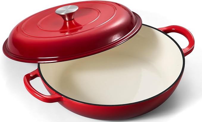Leonyo 3.6QT Cast Iron Braiser Shallow Dutch Oven with Lid, Red | Nonstick Enameled Cast Iron Casserole Skillet, Cast Iron Cookware Shallow Dutch Oven with Lid for All Cooktop, Oven Safe