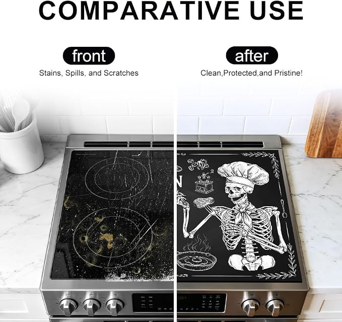 Skeleton Stove Top Cover for Electric Stove, 28x20 In, Glass Mat | Non-slip washable cooktop protector; doubles as dish drying mat, counter, food prep, ironing pad; gothic skull kitchen decor