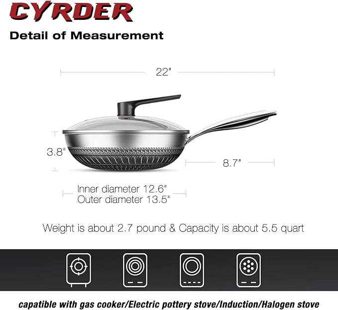 Hybrid 13.5Inch Stainless Steel Pan, PFOA Free Non-Stick Wok, Dishwasher Oven Safe, Stay Cool Handle Skillet, Works with Induction Cooktop/Ceramic/Gas/Electric Stove