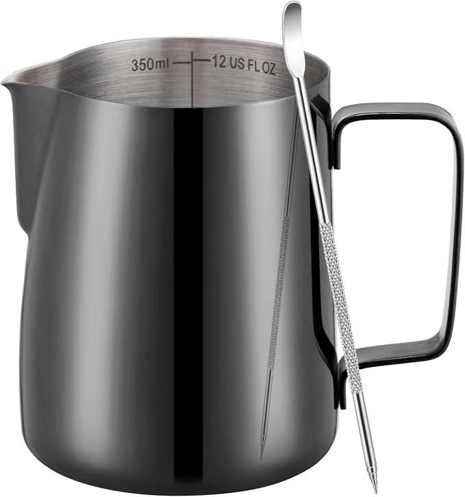 Amrules Milk Frothing Pitcher 12oz Frother Cup Barista Tools, Bright Black | 18/8 Stainless Steel, 12oz Capacity with Clear Scale, with Decorating Pen, Ergonomic Handle, for Cappuccino, Latte & Espresso