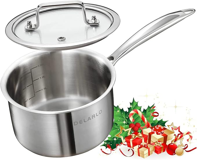 DELARLO Full-body Clad Tri-Ply Stainless Steel 2.5 Quart Saucepan with Lid | Stainless Steel Pot Induction Cooking Sauce Pot Pan, Heavy Duty Saucier Cookware, PFOA&PTFE Free