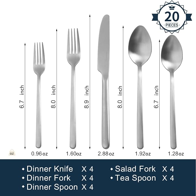 Silverware Set, 20 Piece Flatware Cutlery Set for 4, 18/10 Stainless Steel Silverware Mirror Polished Dishwasher Safe for Home, Restaurant, Wedding, Party, Matte Silver