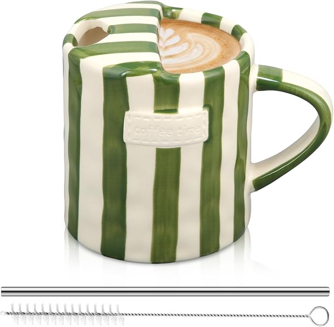 1 Pack Ceramic Mug with Sip Hole, Handle, Green | 10oz Ceramic Coffee Cup with Straws, Retro Hand Painted Striped, for Iced Coffee Tea Latte Espresso, Kitchen Dining Travel